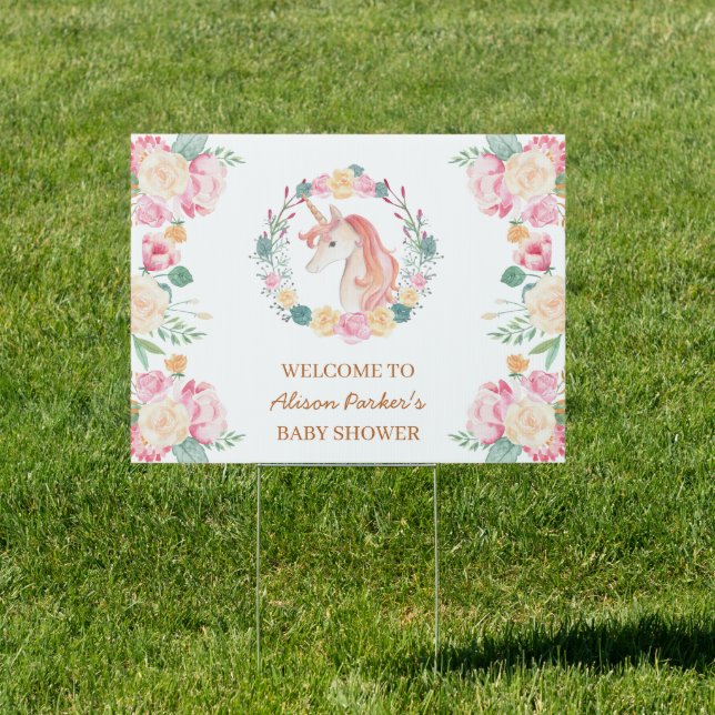 Pink Unicorn Floral Greenery Drive Through Yard  Sign (Insitu)