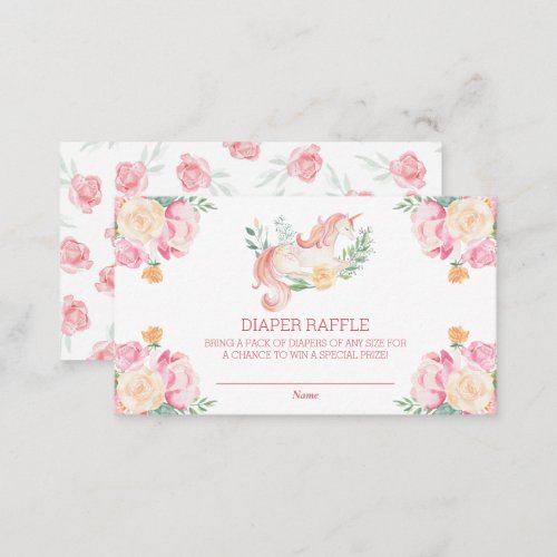 Pink Unicorn Floral Watercolor Baby Diaper Raffle Enclosure Card