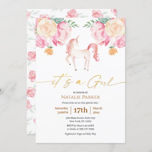 Pink Unicorn Floral Watercolor Baby Girl Shower Invitation