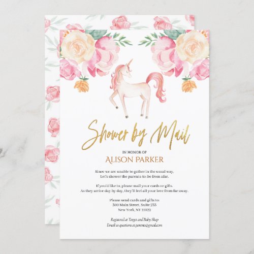 Pink Unicorn Floral Watercolor Baby Shower by Mail Invitation