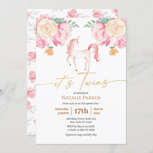 Pink Unicorn Floral Watercolor Baby Twins Shower  Invitation