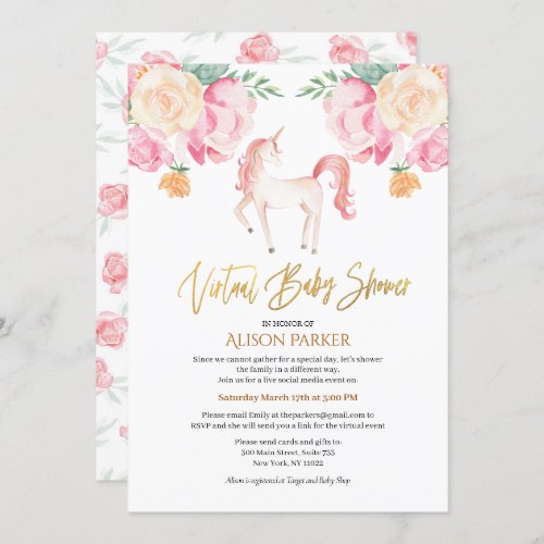 Pink Unicorn Floral Watercolor Virtual Baby Shower Invitation