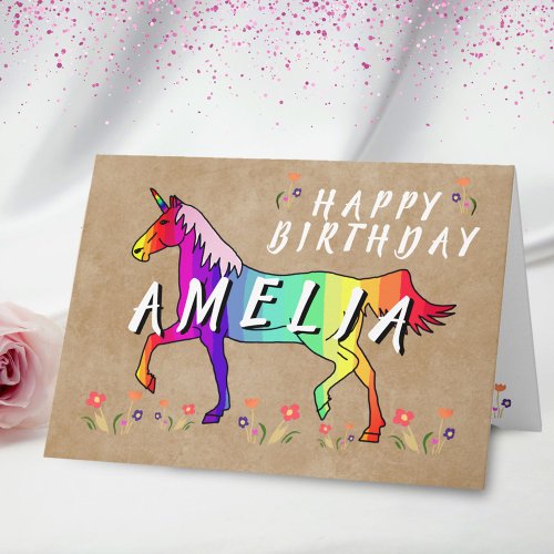 Pink Unicorn Flower Old Paper Girl Happy Birthday Card