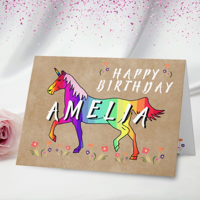 Pink Unicorn Flower Old Paper Girl Happy Birthday Card (Creator Uploaded)