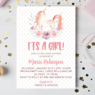 Pink Unicorn Flowers It's A Girl Baby Shower Invitation