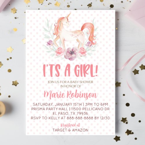 Pink Unicorn Flowers Its A Girl Baby Shower Invitation