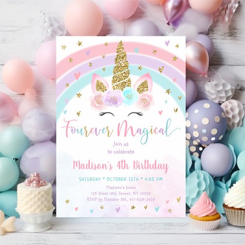 Pink Unicorn Four Ever Magical Birthday Invitation