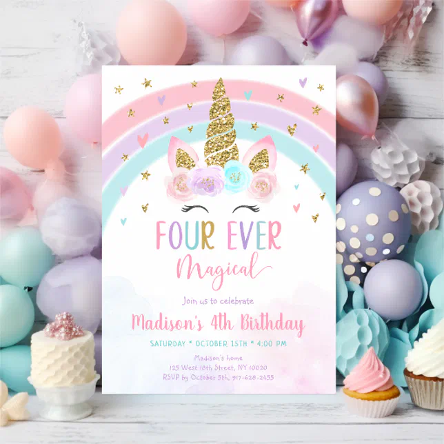 Pink Unicorn Four Ever Magical Birthday Invitation | Zazzle