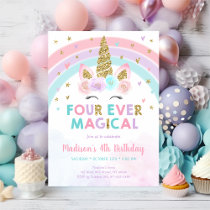 Pink Unicorn Four Ever Magical Birthday Invitation