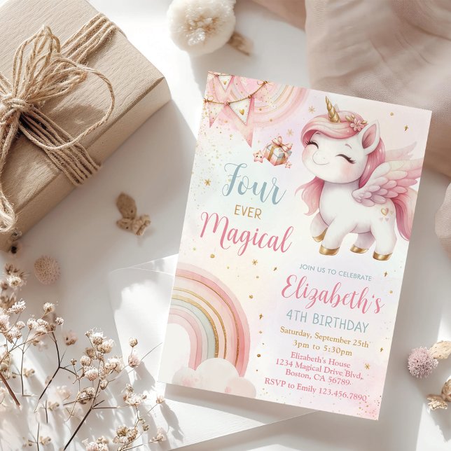 Pink Unicorn Four Ever Magical Birthday Invitation (Creator Uploaded)