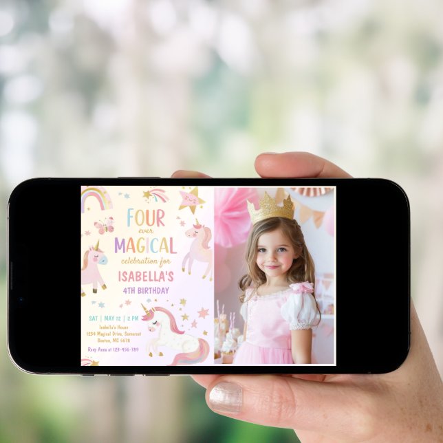 Pink Unicorn Four Ever Magical Birthday Photo Invitation (Front Digital)