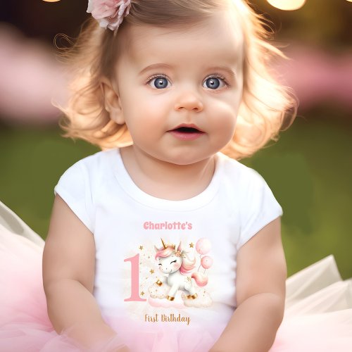 Pink Unicorn Girl 1st Birthday Name Baby T_Shirt