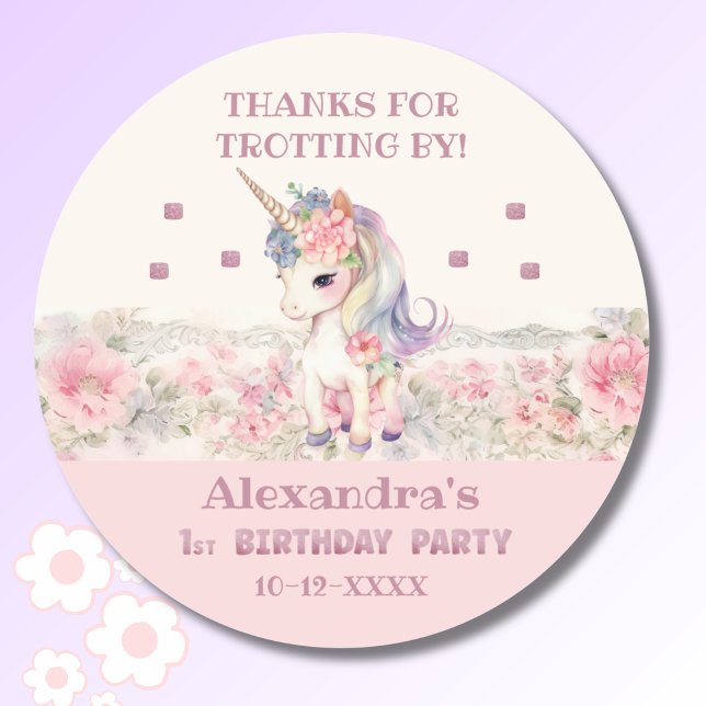 Pink Unicorn Girl 1st Birthday Thank You  Classic Round Sticker (Creator Uploaded)