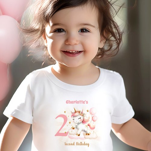 Pink Unicorn Girl 2nd Birthday Name Baby T_Shirt