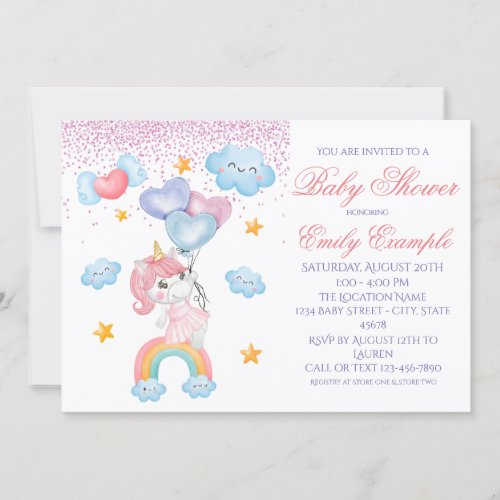 Pink Unicorn Girl Baby Shower Invitations