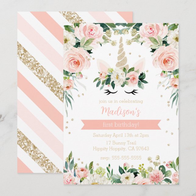 Pink Unicorn Girly Birthday Invitation (Front/Back)