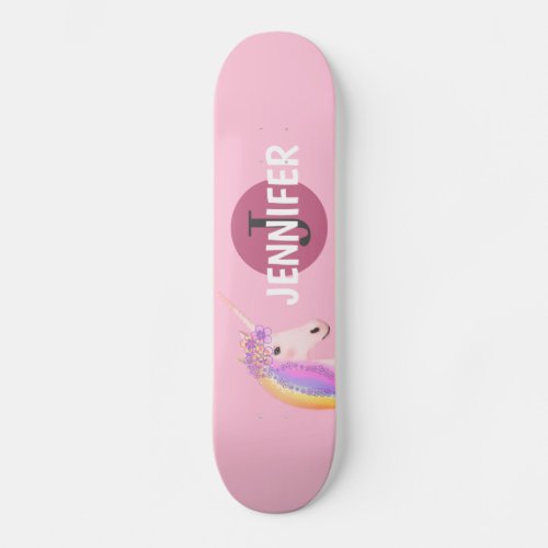 Pink Unicorn Girly Fantasy Monogram Personalized  Skateboard