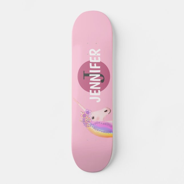 Pink Unicorn Girly Fantasy Monogram Personalized  Skateboard (Front)