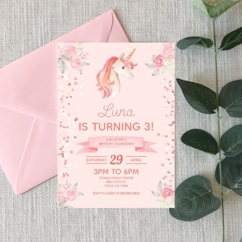 Pink Unicorn Glitter Confetti Birthday Party Invitation