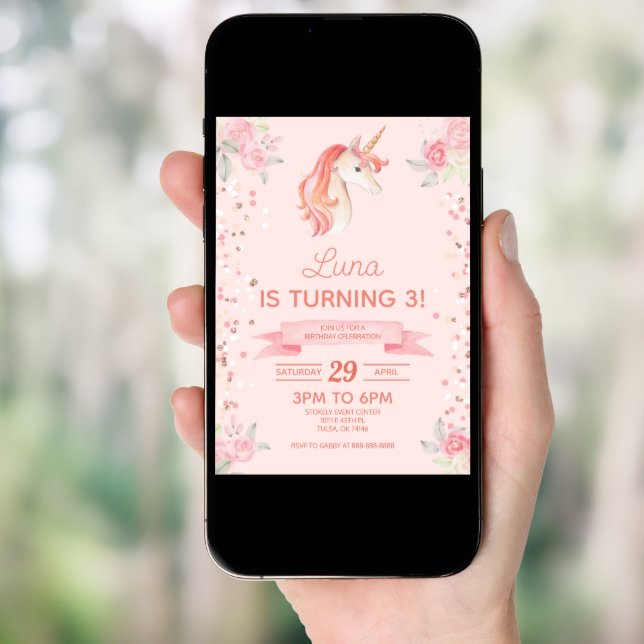 Pink Unicorn Glitter Confetti Birthday Party Invitation (Front Digital)