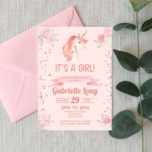 Pink Unicorn Glitter Confetti Girl Baby Shower Invitation