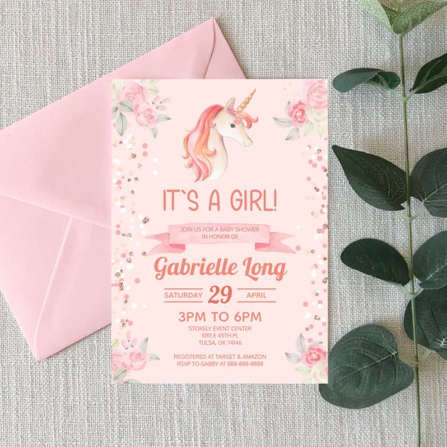 Pink Unicorn Glitter Confetti Girl Baby Shower Invitation (Creator Uploaded)