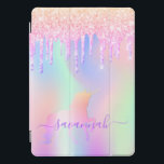 Pink unicorn glitter drips iridescent rose gold iPad pro cover<br><div class="desc">A trendy iridescent background with unicorn and rainbow pastel colors in pink, purple, rose gold, mint green. Decorated with faux glitter drips in rose gold, pink, purple and a rainbow colored unicorn. Purple colored letters. Personalize and add your name. The name is written with a modern hand lettered style script...</div>