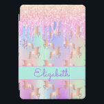 Pink unicorn glitter iridescent rose gold name iPad pro cover<br><div class="desc">A trendy rainbow colored background with unicorn and rainbow pastel colors in pink, purple, rose gold, mint green. Decorated with faux glitter drips in rose gold, pink and purple and a golden unicorn pattern. A mint green band. Personalize and add a name, written with a modern hand lettered style script....</div>