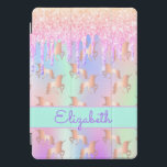 Pink unicorn glitter iridescent rose gold name iPad pro cover<br><div class="desc">A trendy rainbow colored background with unicorn and rainbow pastel colors in pink, purple, rose gold, mint green. Decorated with faux glitter drips in rose gold, pink and purple and a golden unicorn pattern. A mint green band. Personalize and add a name, written with a modern hand lettered style script....</div>