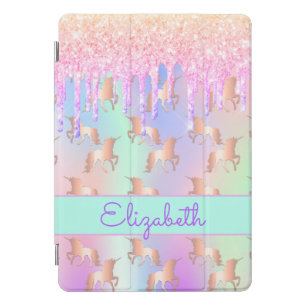Pink unicorn glitter iridescent rose gold name iPad pro cover