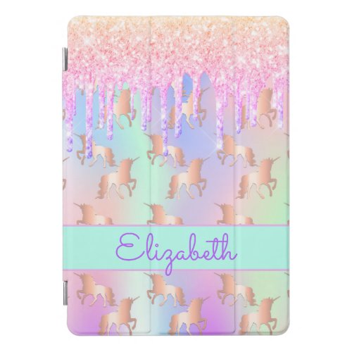 Pink unicorn glitter iridescent rose gold name iPad pro cover