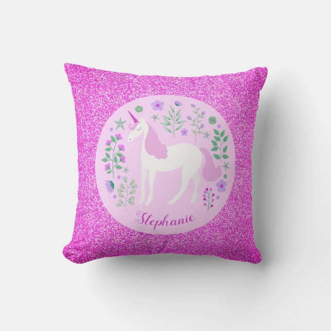 Pink Unicorn Glitter Personalized Name Throw Pillow (Front)