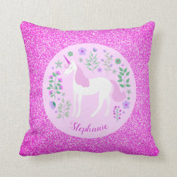 Pink Unicorn Glitter Personalized Name Throw Pillow