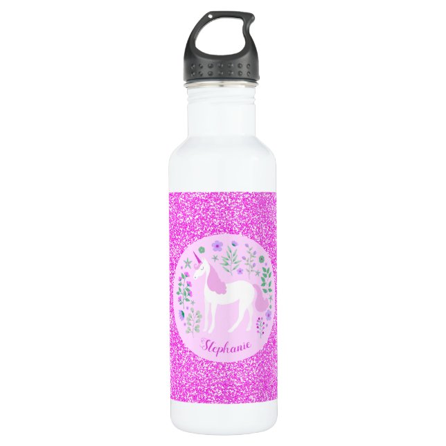 Pink Unicorn Glitter Personalized Stainless Steel Water Bottle (Front)