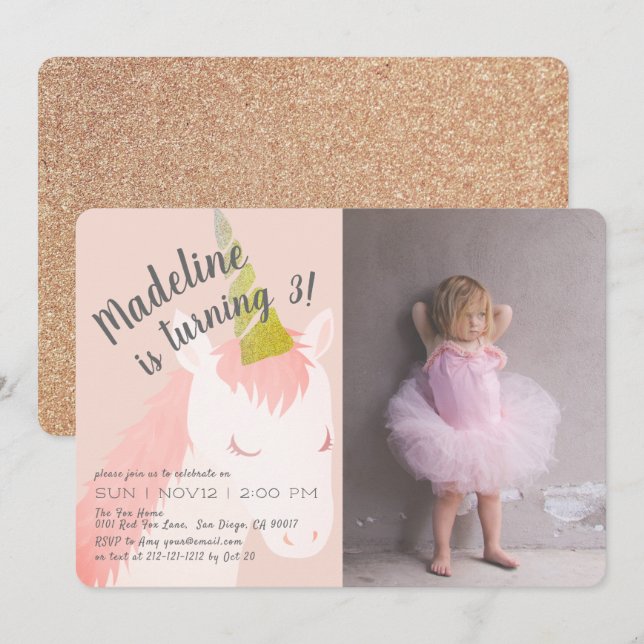 Pink Unicorn Glitter Photo Birthday Invitation (Front/Back)
