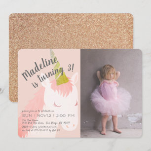 Pink Unicorn Glitter Photo Birthday Invitation