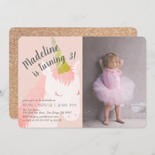 Pink Unicorn Glitter Photo Birthday Invitation