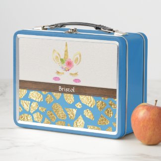 Pink Unicorn Gold Animal Print Your Name Blue Metal Lunch Box
