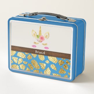 Pink Unicorn Gold Animal Print Your Name Blue Metal Lunch Box