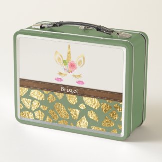Pink Unicorn Gold Animal Print Your Name Green Metal Lunch Box