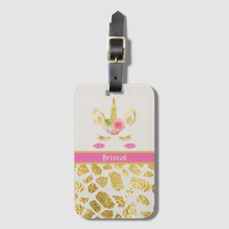 Pink Unicorn Gold Animal Print Your Name Luggage Tag