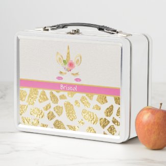 Pink Unicorn Gold Animal Print Your Name Metal Lunch Box