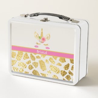 Pink Unicorn Gold Animal Print Your Name Metal Lunch Box