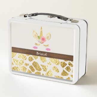 Pink Unicorn Gold Animal Print Your Name Metal Lunch Box