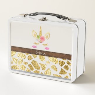 Pink Unicorn Gold Animal Print Your Name Metal Lunch Box