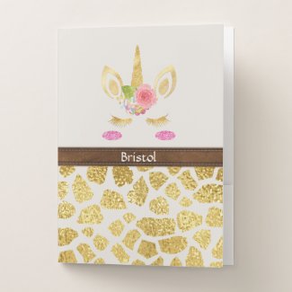 Pink Unicorn Gold Animal Print Your Name Pocket Folder