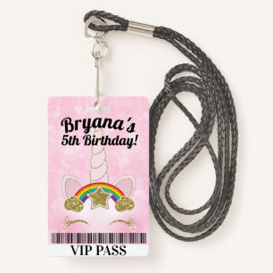 Pink Unicorn Gold Glitter Birthday Party VIP PASS Badge