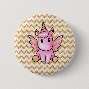 Pink Unicorn Gold Glitter Chevron Pattern Girly Button