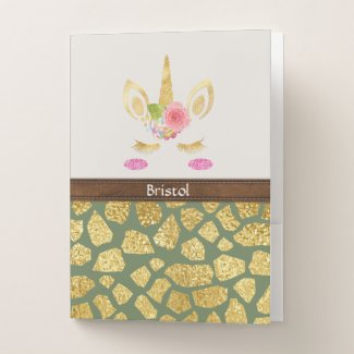 Pink Unicorn Gold & Green Animal Print Your Name Pocket Folder