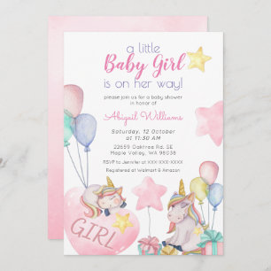 Pink Unicorn, Gold Star, Balloon Girl Baby Shower Invitation